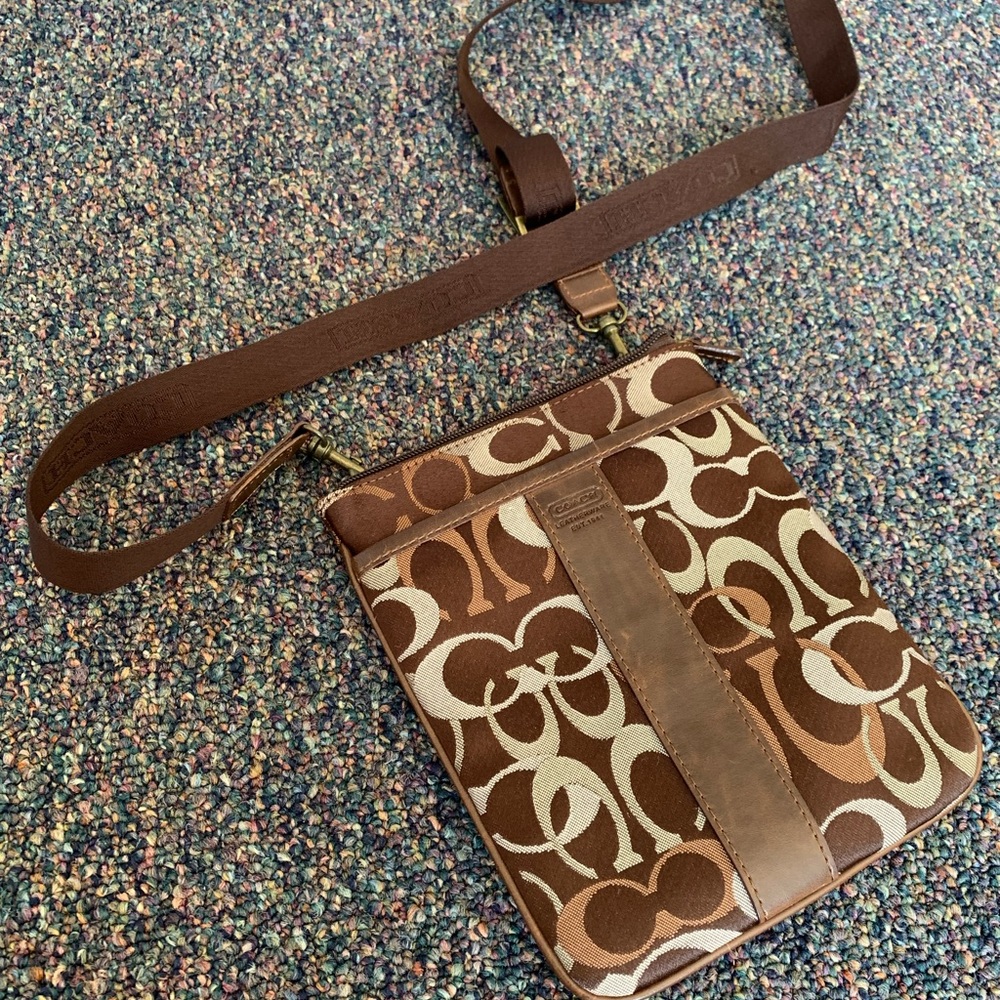 Coach Signature Canvas Brown, Tan and Cream Crossbody Bag with 3 pockets